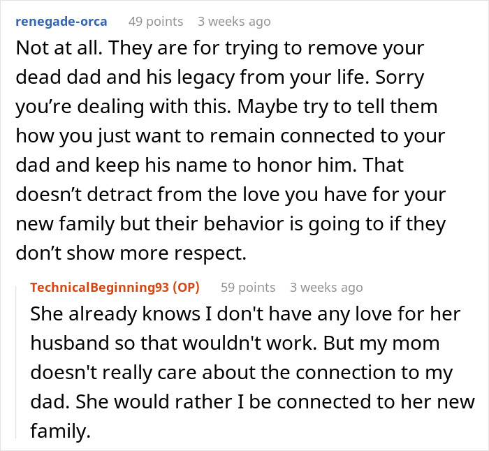 Screenshot of a conversation discussing a teen wanting to keep late father's last name while mother is upset.