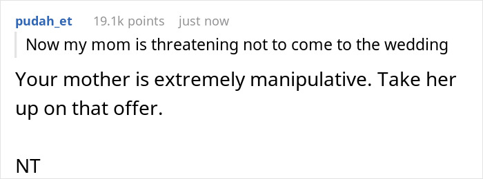 Screenshot of a Reddit comment discussing a bride's mom threatening to skip the wedding over wearing a white gown.