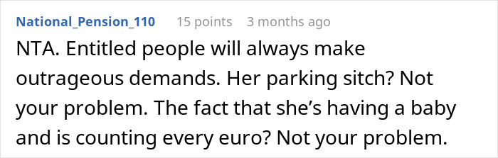 Comment text shown on a screen discussing an entitled young woman threatening cops over a pregnant woman&rsquo;s parking situation.