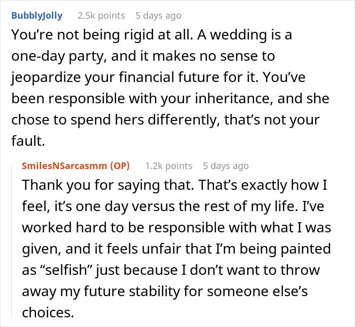 Reddit discussion about a sister wanting $15k inheritance for her dream wedding and accusations of hoarding money. Reddit discussion about a sister wanting $15k inheritance for her dream wedding and accusations of hoarding money.