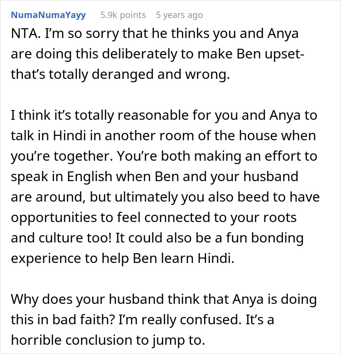 Comment from user defending use of native language Hindi despite stepdad's punishment suggestion, mom horrified by situation.