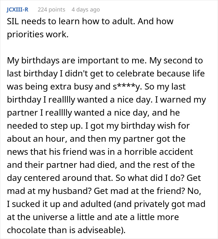 Text post about a woman needing support from family after devastating news but facing drama from SIL feeling outshined.