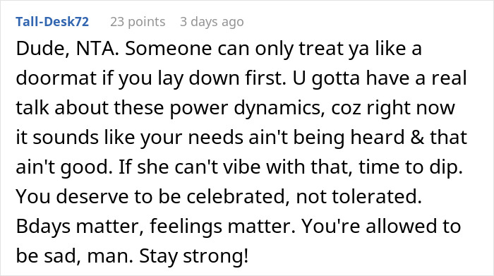 Comment discussing relationship doubts and unmet expectations about special treatment on a man's birthday.