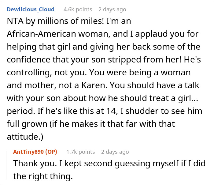 Comment praising a mother for supporting her son's Black girlfriend and addressing controlling behavior at age 14.