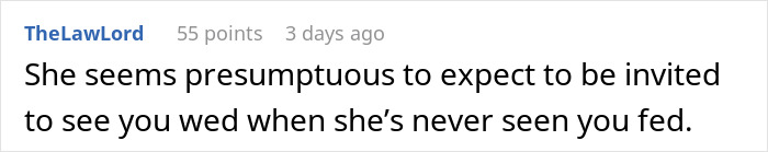 Screenshot of a Reddit comment discussing workplace conflict over not inviting a coworker to a wedding.