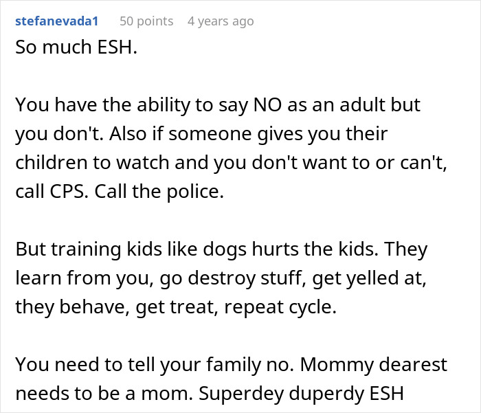 Screenshot of a forum comment discussing consequences of training cousin’s kids after being forced to babysit. Screenshot of a forum comment discussing consequences of training cousin’s kids after being forced to babysit.