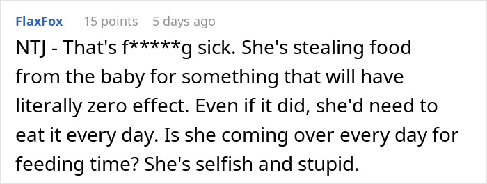 Comment criticizing a mother for using breast milk in wellness smoothies, calling her selfish and questioning the effectiveness. Comment criticizing a mother for using breast milk in wellness smoothies, calling her selfish and questioning the effectiveness.