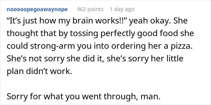 Screenshot of a Reddit comment describing a woman&rsquo;s angry reaction after throwing away dinner her boyfriend made.