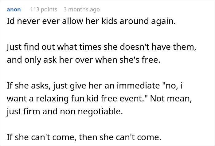 Text post about avoiding friends' rowdy kids and choosing only childfree events for relaxing fun. - 24