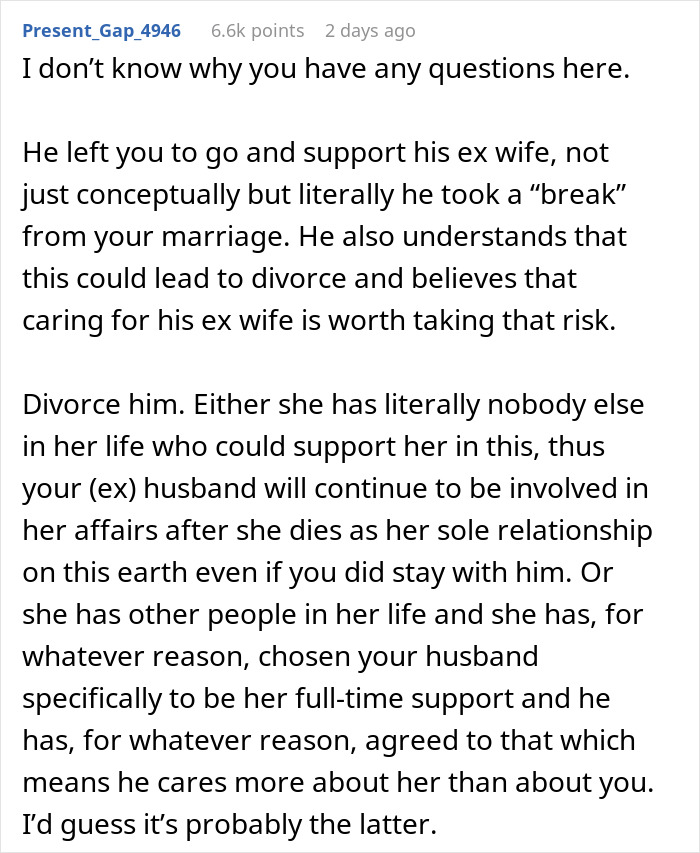 Text snippet showing a detailed comment about a woman questioning her marriage after husband leaves to care for his terminally ill ex-wife.