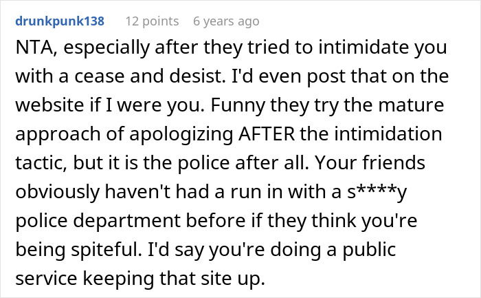 Screenshot of a forum comment discussing a man wrongfully jailed who refuses to take down a website calling out a detective.