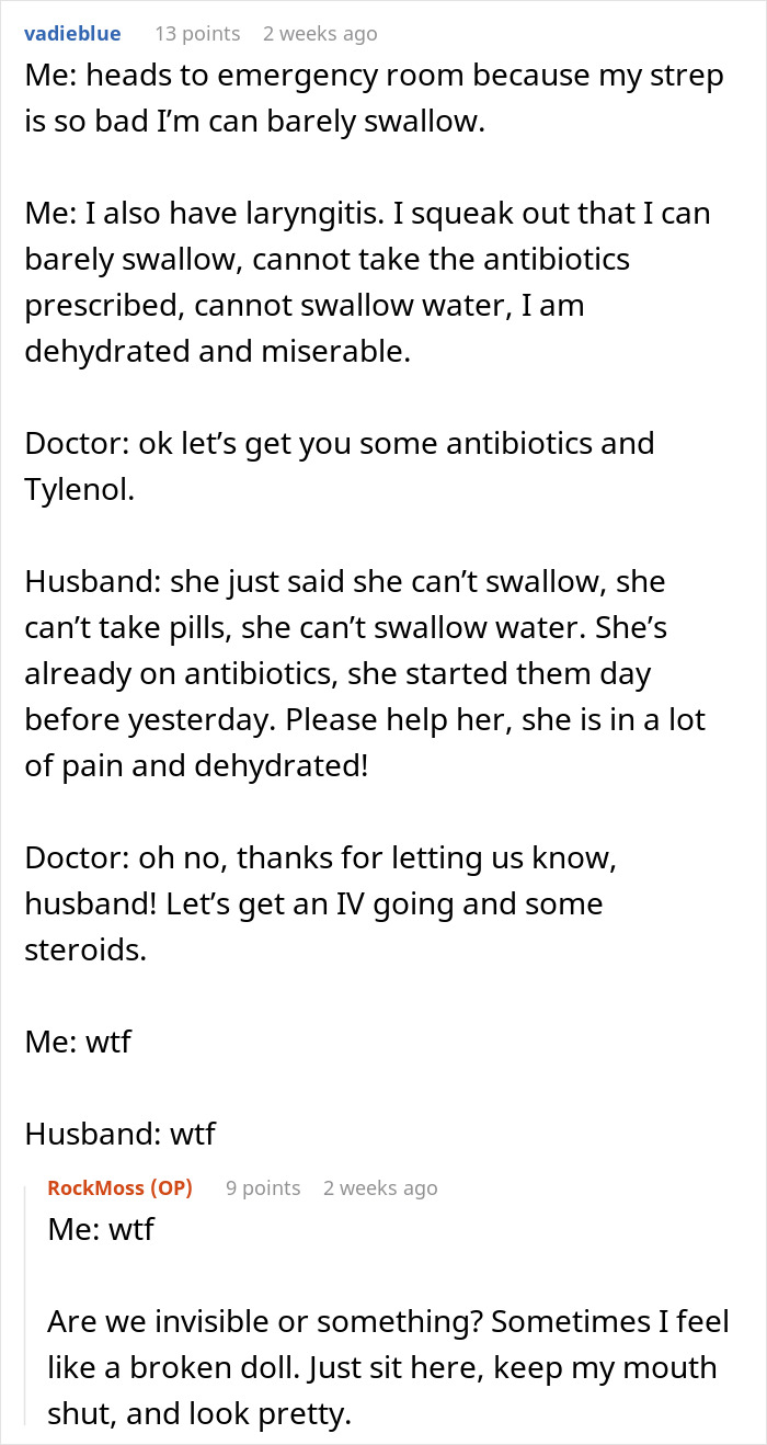 Text conversation showing a woman&rsquo;s chronic pain dismissed by doctors until her husband advocates for her care.