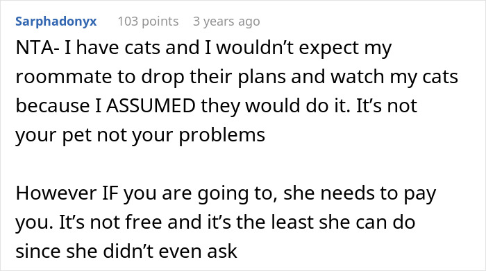 Comment discussing roommate refusing cat litter box duties during a lady&rsquo;s family vacation planning conflict.