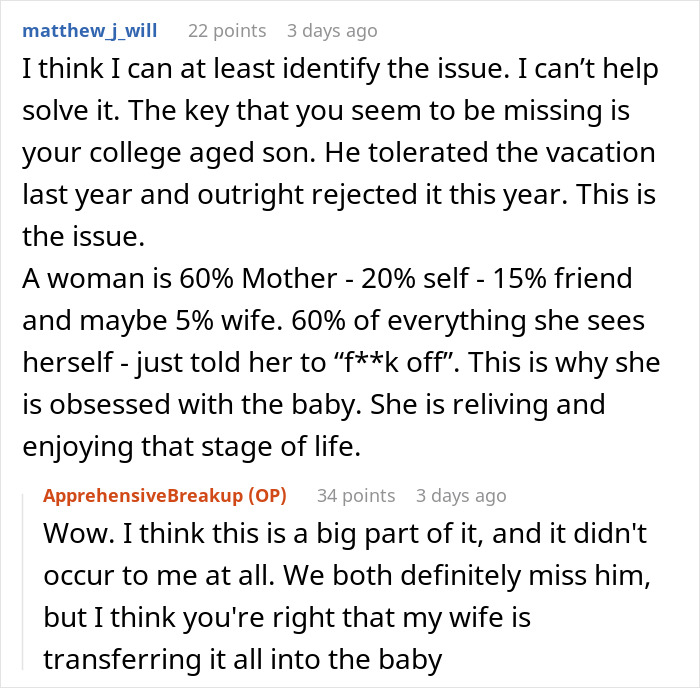 Reddit comment discussing wife humiliating husband by unleashing years of resentment during unwanted trip and family tensions.