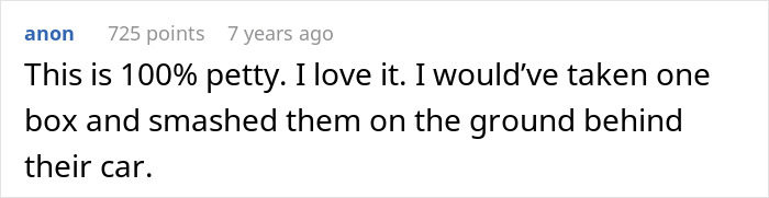 Comment about petty revenge after lady steals couple&rsquo;s parking spot, expressing enjoyment and a humorous reaction.