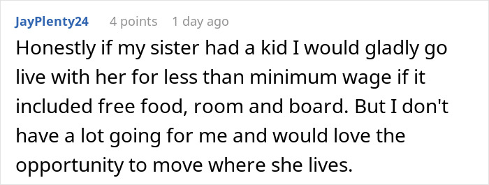 Comment discussing babysitters and the debate over whether they deserve a living wage from a sibling's perspective.