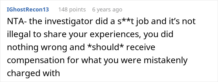 Screenshot of a Reddit comment discussing wrongful jailing and calling out an investigator&rsquo;s misconduct online.