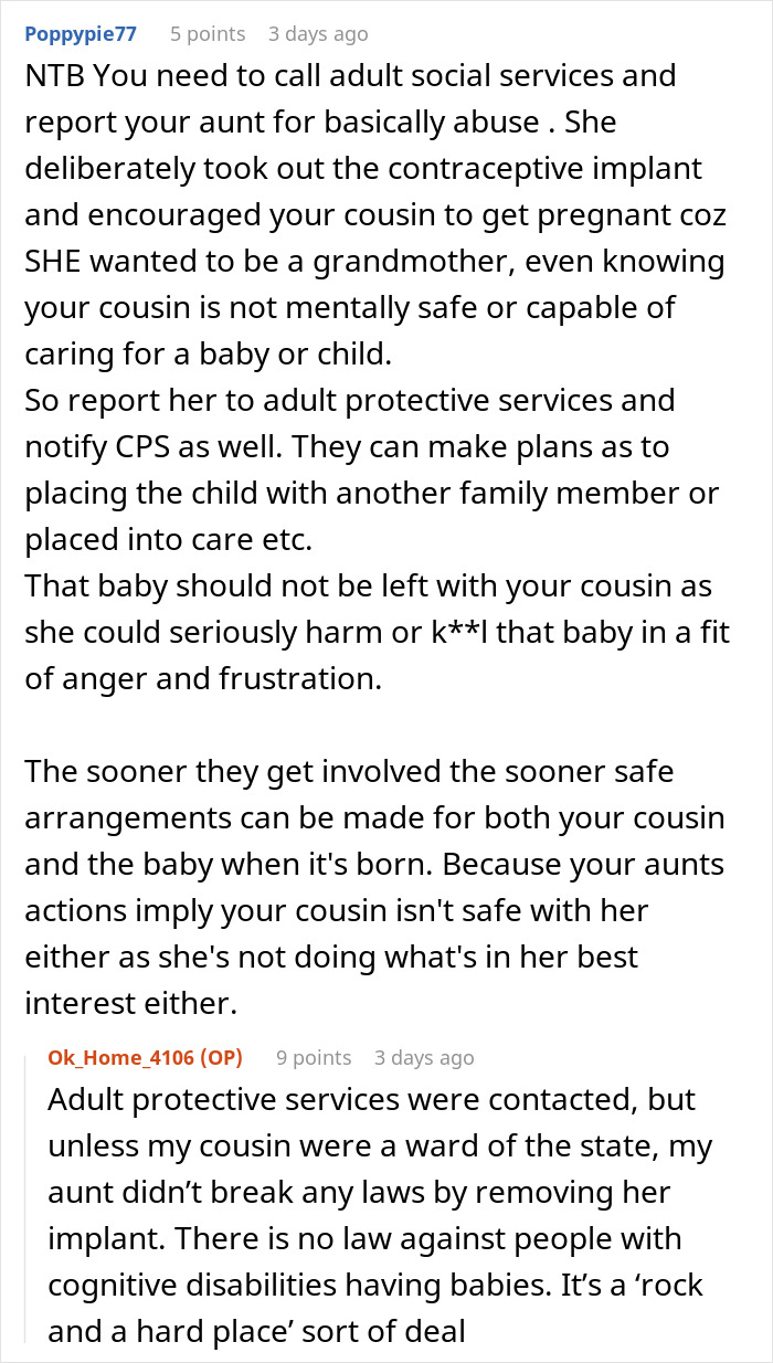 Comment discussing family feud after lady encourages disabled daughter to get pregnant, sparking concerns about safety and care.