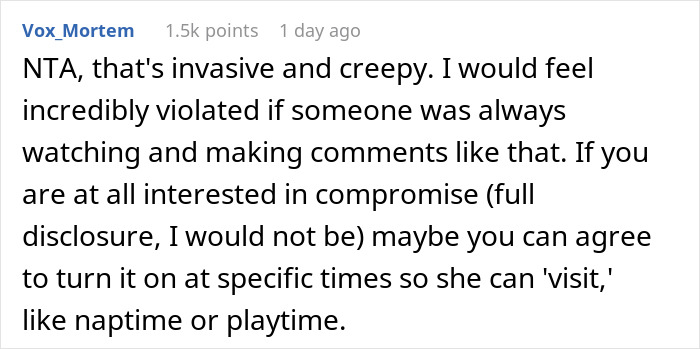 Screenshot of a forum comment discussing a mom disabling MIL&rsquo;s baby cam access due to constant spying and privacy concerns.