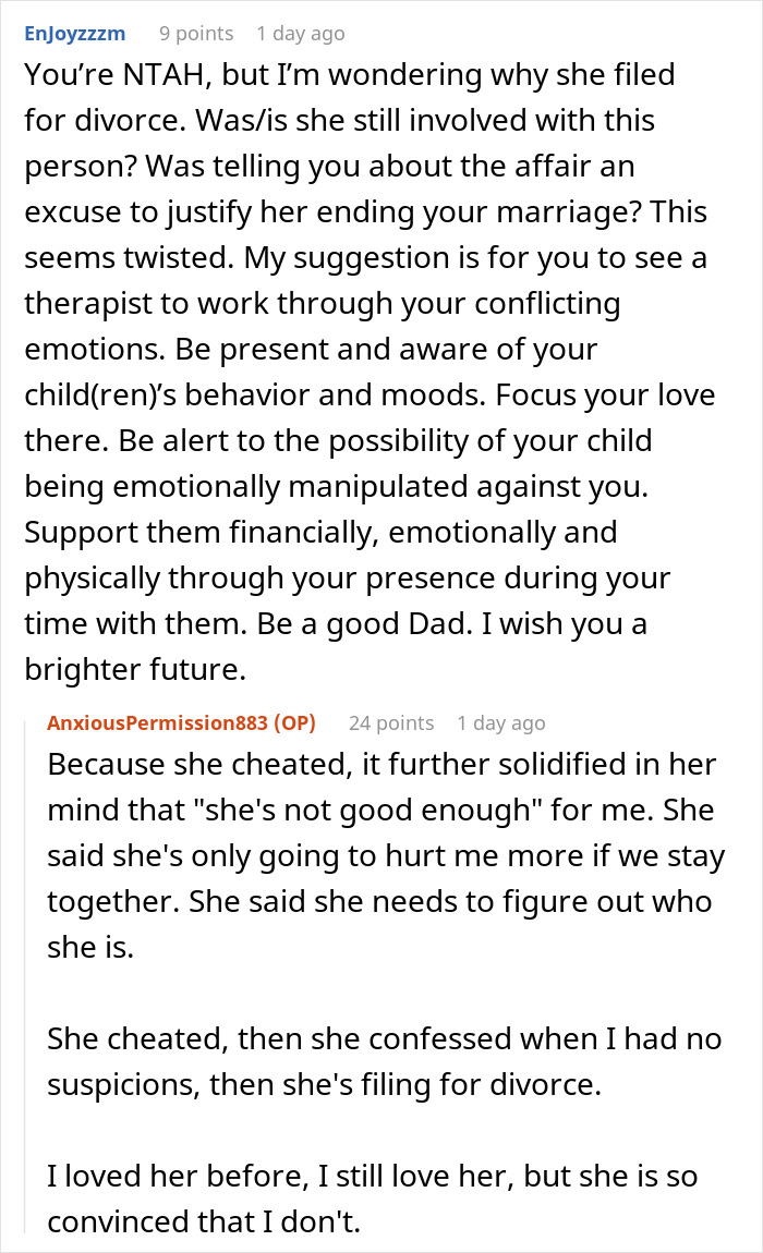 Reddit conversation discussing divorce reasons and emotional challenges, addressing in-laws' weight-related assumptions.