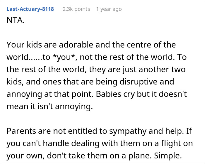Screenshot of a Reddit comment discussing a mom taking kids on a 9-hour flight and lacking help from others.