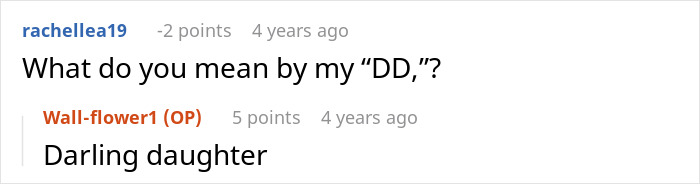 Screenshot of an online discussion where a user asks about the meaning of DD, referring to a family term.