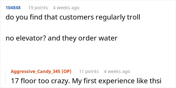 Comment thread discussing customers trolling Instacart shoppers by ordering water without elevator access, involving 17-floor climbs.