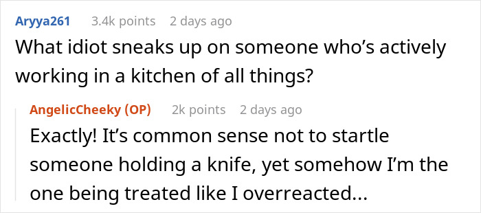 Commenters discuss a kitchen prank gone wrong, highlighting the danger of startling someone holding a knife.