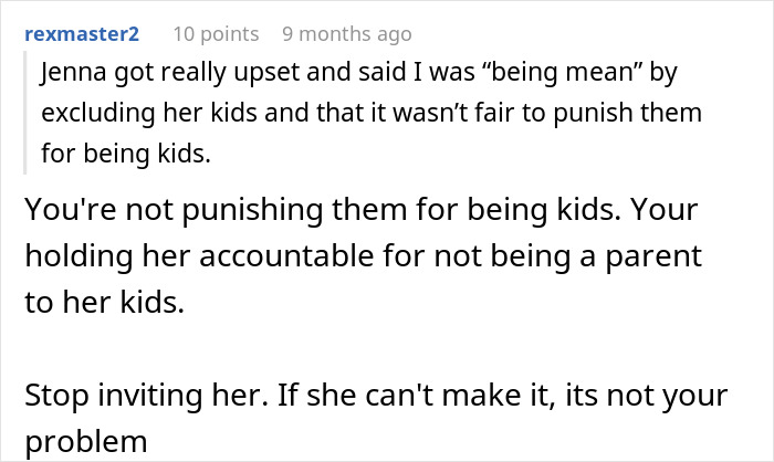 Comment discussing accountability of a mom refusing to leave kids at home for Halloween party. - 32