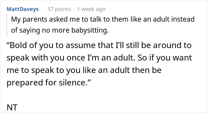 Screenshot of a social media comment about parents obsessed with having kids forcing older son to babysit siblings and his refusal.