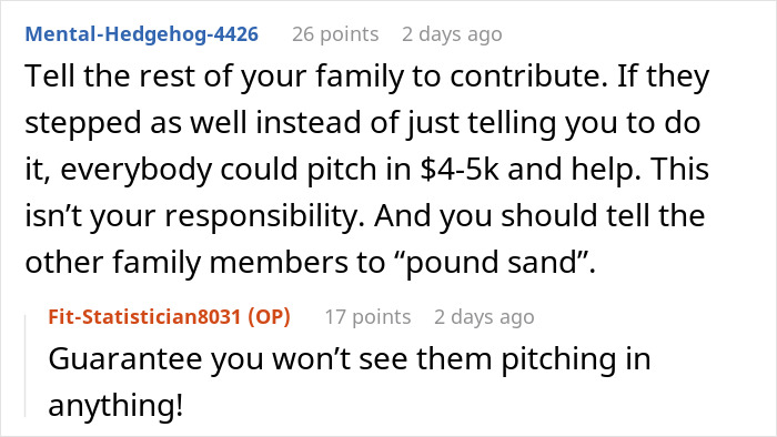 Reddit discussion about family demanding 33k, with users debating responsibility and financial contributions.