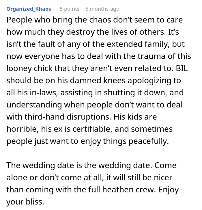 Reddit comment discussing family trauma caused by BIL’s nightmare ex disrupting events and scheduling wedding to avoid her. - 39