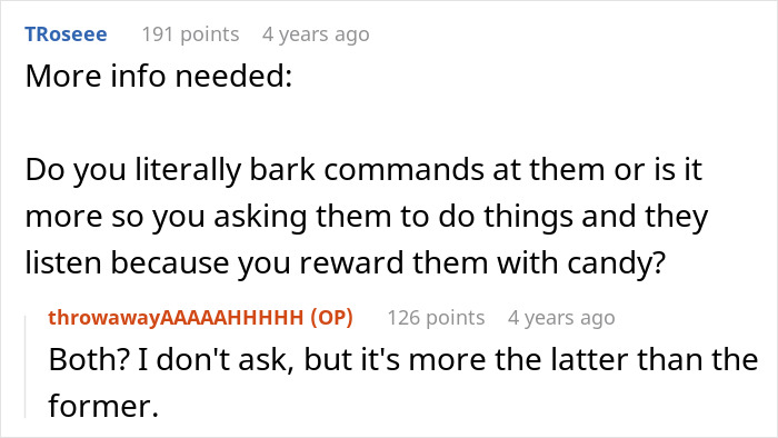 Screenshot of a Reddit conversation discussing how a woman trains her cousin’s kids after being forced to babysit. Screenshot of a Reddit conversation discussing how a woman trains her cousin’s kids after being forced to babysit.