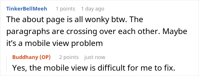 Screenshot of a forum discussion about website layout issues with overlapping paragraphs and mobile view problems.