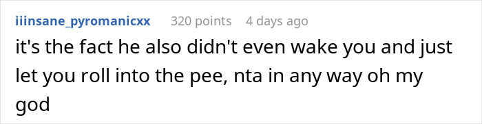 Reddit comment discussing a man who wets the bed and does not think it is a big deal.