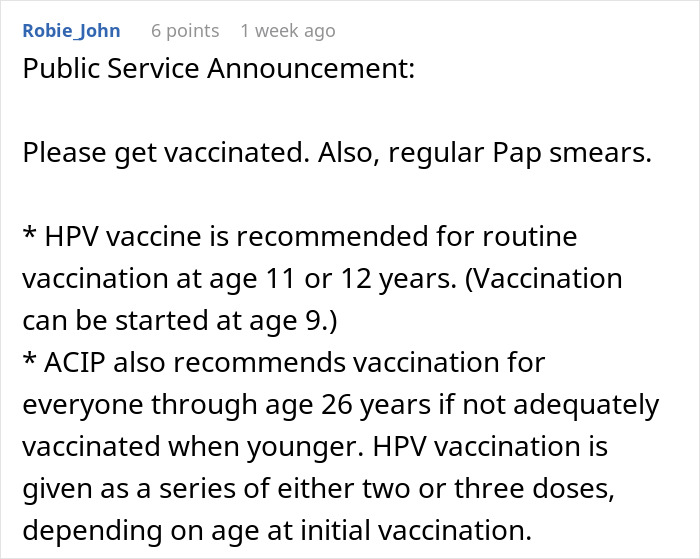 Text post urging HPV vaccination and Pap smears, highlighting HPV vaccine recommendations for ages 9 to 26 years.