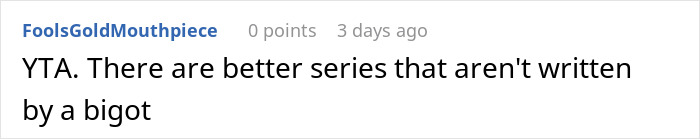 Screenshot of a comment criticizing Harry Potter books, mentioning a bigoted and hateful person.