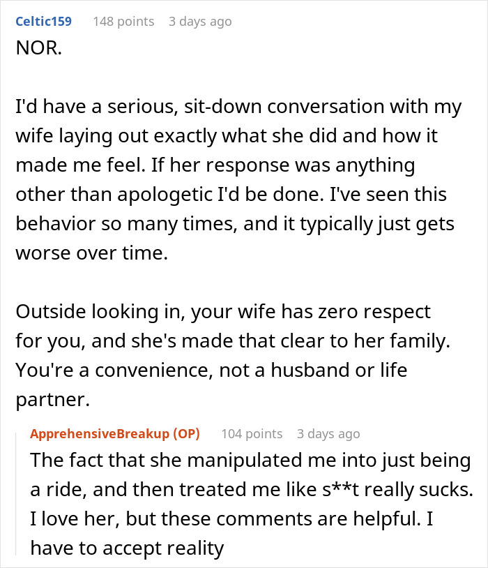 Screenshot of an online conversation about wife humiliating husband and years of resentment on an unwanted trip.