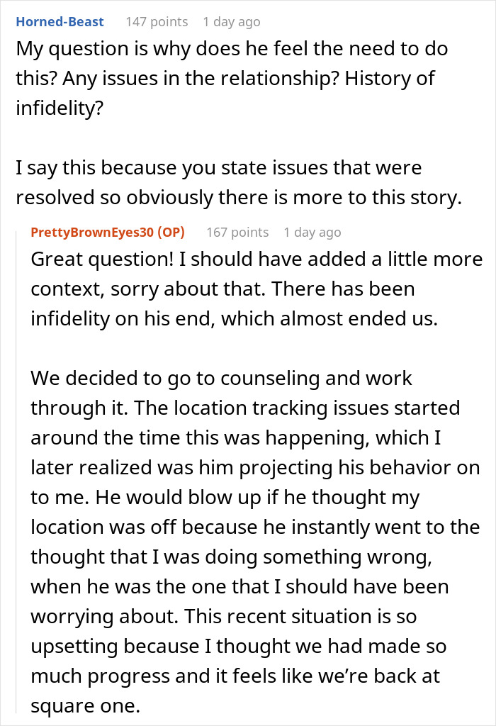 Text conversation discussing relationship issues involving a woman, fiance, infidelity, counseling, and location tracking concerns.
