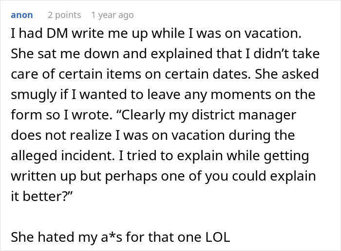 Screenshot of a user recounting being formally reprimanded by their boss after missing work while on vacation.