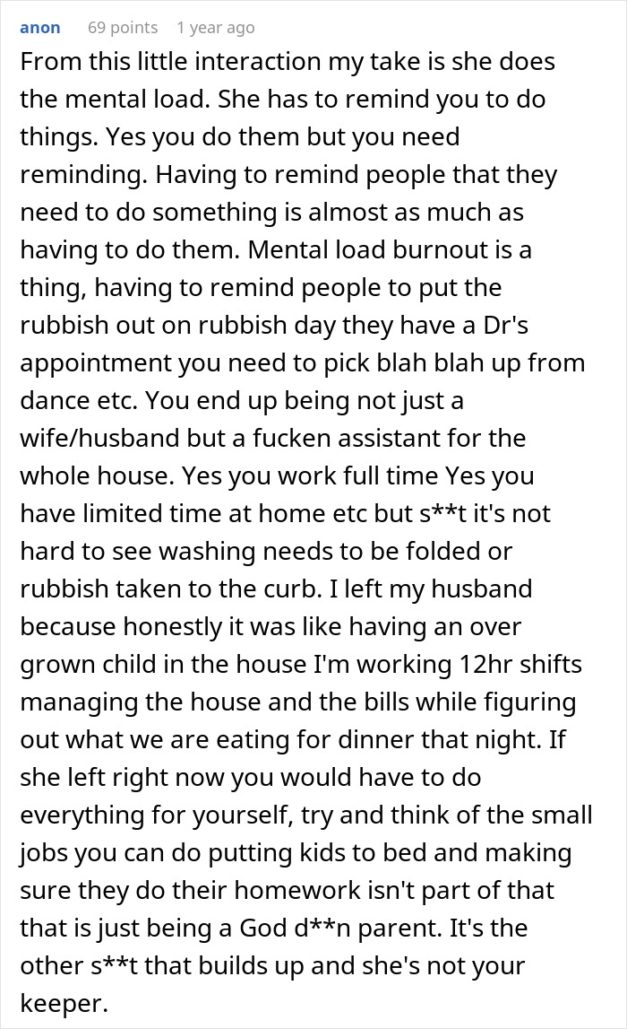 Comment discussing mental load and burnout in marriage after man tells wife she couldn&rsquo;t do it without him then she proves him wrong