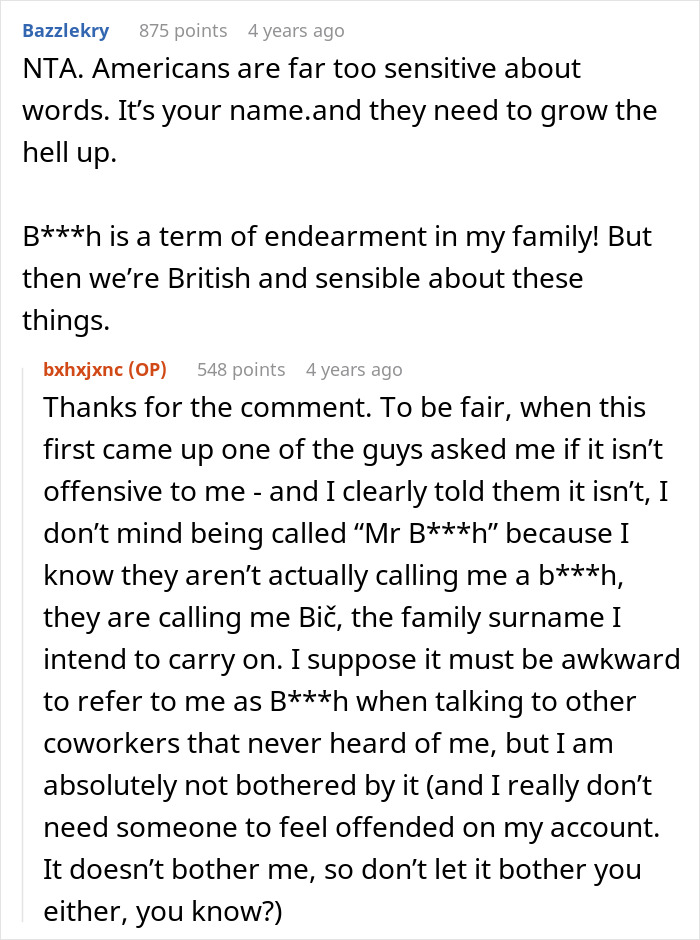 Reddit conversation discussing a man refusing to change his surname for American coworkers and cultural sensitivity differences. - 16