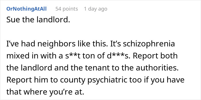 Comment suggesting suing landlord and reporting problematic neighbor after yard is trashed following no trespassing sign.