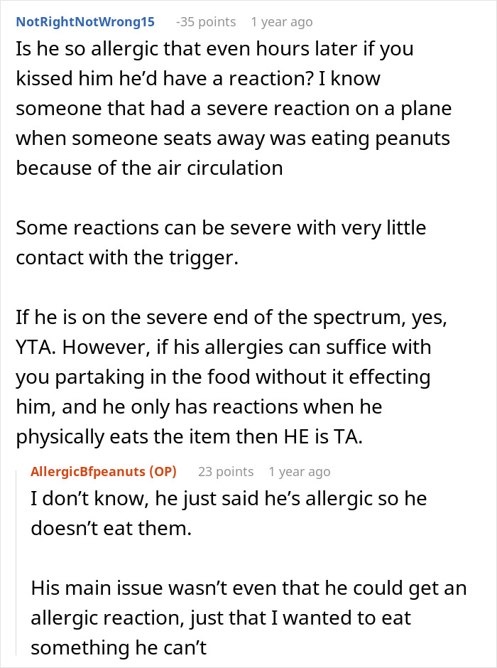 Reddit conversation discussing a man upset about his girlfriend buying a peanut butter cake at work despite his allergy.