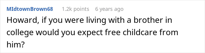 Comment on Reddit questioning expectations of free childcare from a brother while living together in college.