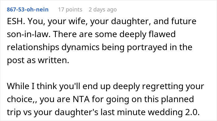 Man spends $22,500 on daughter's failed wedding and skips real wedding to hang out with friends.