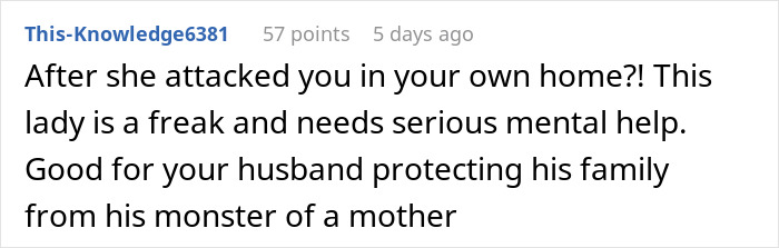 Comment text discussing a stalker MIL trying to gatecrash a couple&rsquo;s vacation and the husband protecting his family.