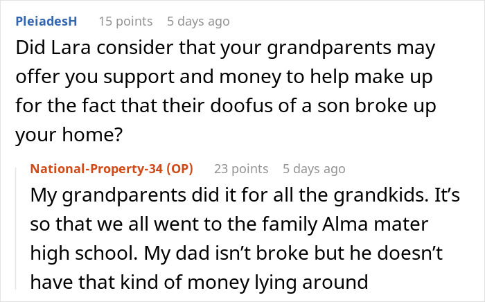 Screenshot of a Reddit conversation discussing the reasons why grandparents don&rsquo;t see their granddaughter connected to an affair baby.