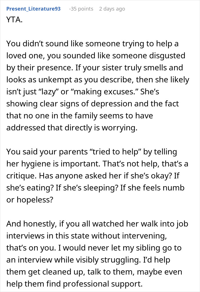 Comment addressing sexism and job struggles, emphasizing family&rsquo;s role and sister&rsquo;s mental health concerns.