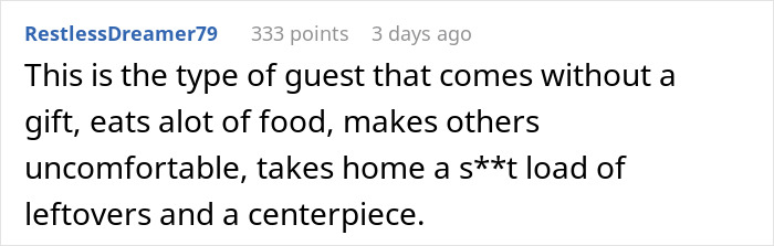 Screenshot of a Reddit comment describing a rude wedding guest who causes discomfort and takes leftover food and a centerpiece.